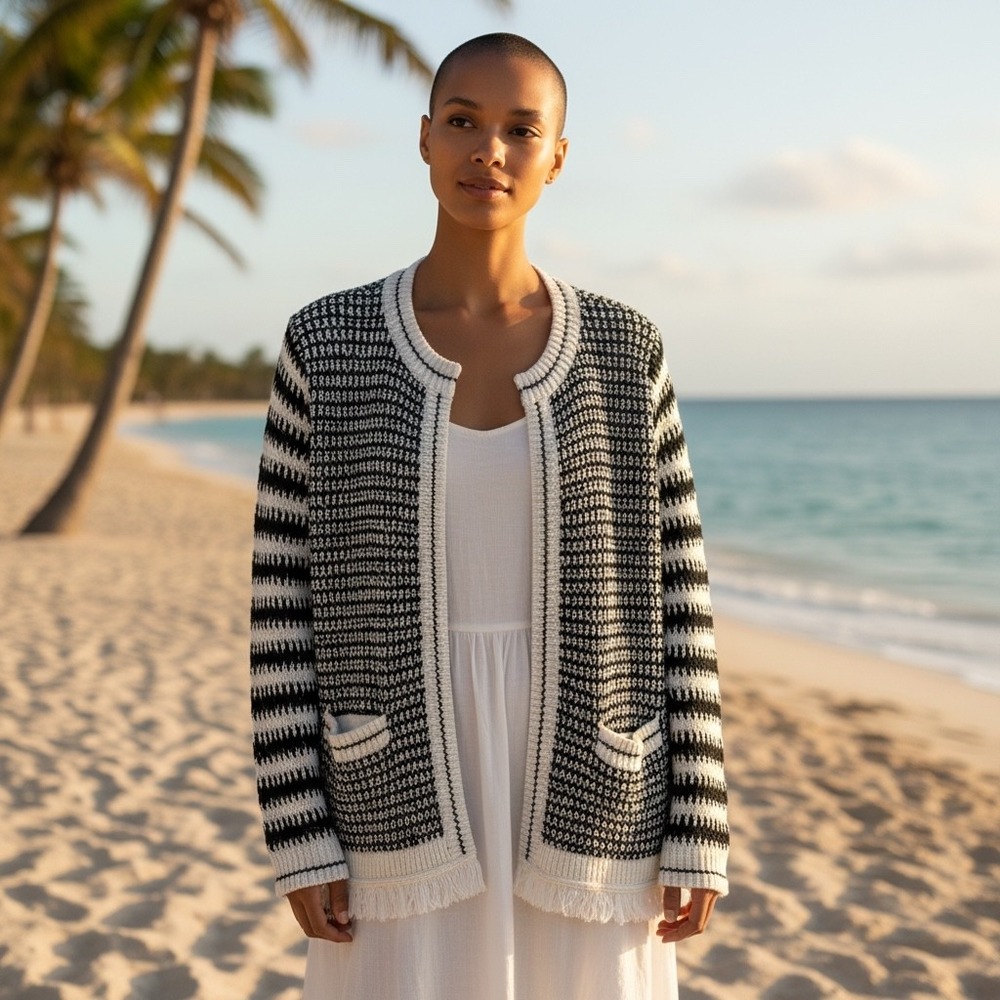 Talbots Black White Striped Knit Open Front Fringe Cardigan‎ Sweater Women's L